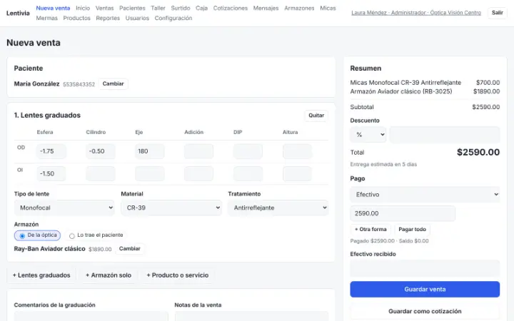 Pantalla de nueva venta en Lentivia